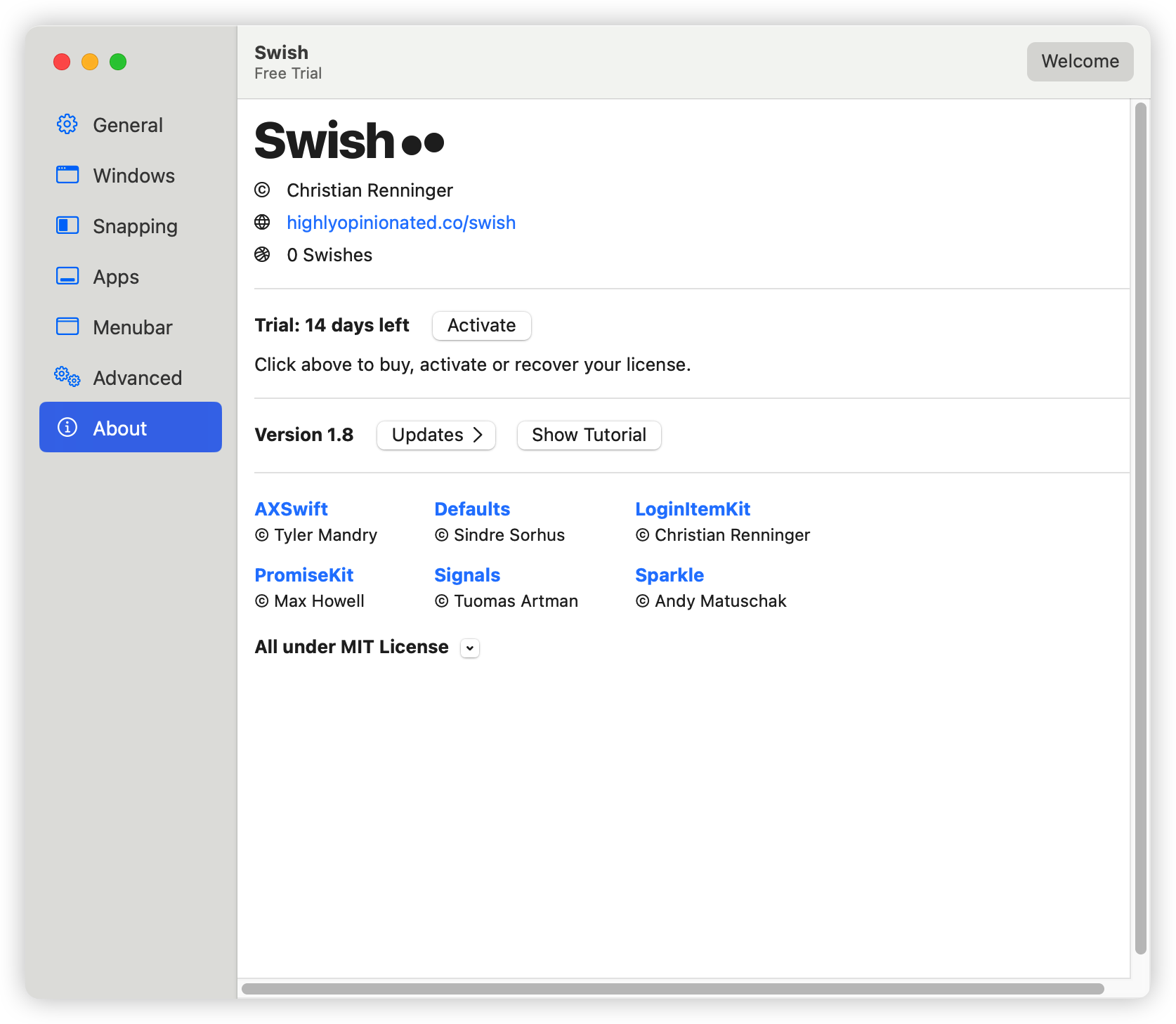 Swish 1.8 英文免激活版 [触控板控制窗口和程序]插图1